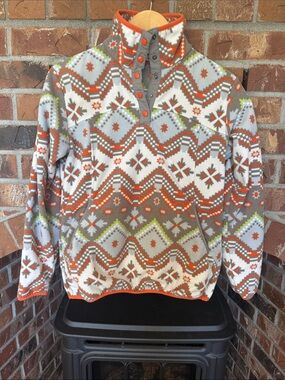 Woolrich Orange, Gray and White Patterned Fleece Pullover size s